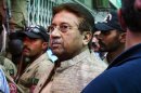 FILE - In this April 20, 2013, file photo, Pakistan's former President and military ruler Pervez Musharraf arrives at an anti-terrorism court in Islamabad, Pakistan. A Pakistani court Tuesday indicted Musharraf on murder charges in connection with the 2007 assassination of iconic Pakistani Prime Minister Benazir Bhutto, deepening the fall of a once-powerful figure who returned to the country this year in an effort to take part in elections. (AP Photo/Anjum Naveed, File)