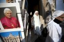 Two nuns walk past a photo of Pope Benedict XVI as they leave a souvenir shop just outside the Vatican, Tuesday, Feb. 26, 2013. Pope Benedict XVI will be known as "emeritus pope" in his retirement and will continue to wear a white cassock, the Vatican announced Tuesday, again fueling concerns about potential conflicts arising from having both a reigning and a retired pope. The pope's title and what he would wear have been a major source of speculation ever since Benedict stunned the world and announced he would resign on Thursday, the first pontiff to do so in 600 years. (AP Photo/Andrew Medichini)