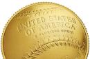 An image of a baseball mitt is seen on a curved $5 gold National Baseball Hall of Fame Commemorative Coin