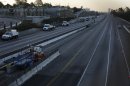 The 405 Freeway is empty of traffic on the west side of Los Angeles
