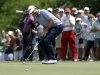 Keegan Bradley reacts to missing a putt for birdie on the second green during the third round of the Byron Nelson Championship golf tournament Saturday, May 18, 2013, in Irving, Texas. Bradley hit for par on the hole. (AP Photo/Tony Gutierrez)