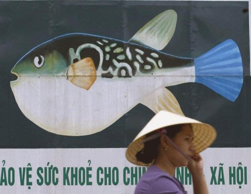 Una mujer camina frente a un afiche que advierte del riesgo de consumir carne dulce del pez globo en una calle de Nghe