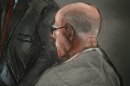 In this courtroom sketch, James "Whitey" Bulger listens to defense attorney, Hank Brennan, during closing arguments at U.S. District Court, in Boston, Monday, Aug. 5, 2013. Bulger's lawyers used their closing arguments to go after three gangsters who took the stand against the reputed Boston crime boss, portraying them as pathological liars whose testimony was bought and paid for by prosecutors. (AP Photo/Jane Flavell Collins)