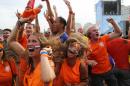 Soccer fans, decked out in orange, the Netherlands' national color, celebrate the second goal scored by Memphis Depay, while watching a live broadcast of the group B World Cup match between Chile and Netherlands, inside the FIFA Fan Fest area on Copacabana beach, in Rio de Janeiro, Brazil, Monday, June 23, 2014. Netherlands won 2-0, taking the top spot in group B. (AP Photo/Leo Correa)