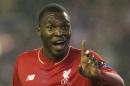 Liverpool's Christian Benteke remonstrates with an official after a disallowed goal during the Europa League Group B soccer match between Liverpool and Bordeaux at Anfield Stadium, Liverpool, England, Thursday Nov. 26, 2015. (AP Photo/Jon Super)