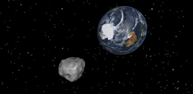 This image provided by NASA/JPL-Caltech shows a simulation of asteroid 2012 DA14 approaching from the south as it passes through the Earth-moon system on Feb. 15, 2013. The 150-foot object will pass within 17,000 miles of the Earth. NASA scientists insist there is absolutely no chance of a collision as it passes. (AP Photo/NASA/JPL-Caltech)