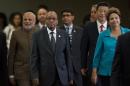 (L-R) Indian Prime Minister Narendra Modi, South African President Jacob Zuma, Chinese President Xi Jinping and Brazilian President Dilma Rousseff attend the 6th BRICS Summit in Fortaleza, Brazil, on July 15, 2014