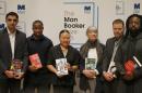 Authors nominated for the 2015 Man Booker Prize; from left, Sunjeev Sahota, Chigozie Obioma, Hanya Yanagihara, Anne Tyler, Tom McCarthy and Marlon James pose with their books on stage at the Royal Festival Hall in London, Monday, Oct. 12, 2015. The six authors are short-listed for the 2015 Man Booker Prize for Fiction, and the winner will be announced Tuesday Oct. 13. (AP Photo/Frank Augstein)