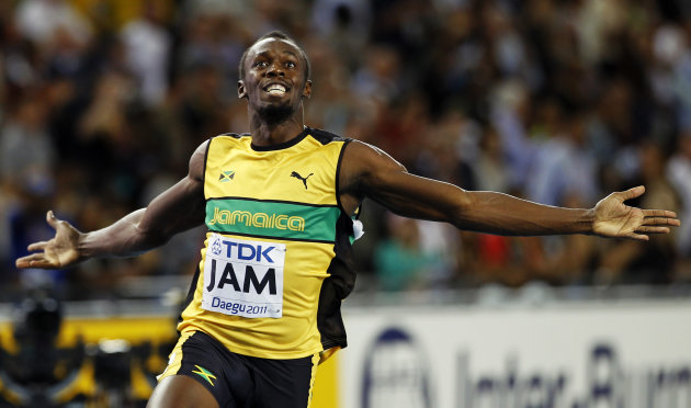FILE - This Sept. 4, 2011 file photo shows Jamaica's Usain Bolt celebrating after winning the men's 4x100 relay final, and setting a world record, at the World Athletics Championships in Daegu, South Korea. Any talk of the Olympics has to start with the flashy Jamaican sprinter. His performance in Beijing four years ago was magical. [AP Photo/Lee Jin-man, FIle)