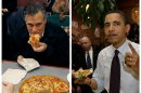 In this combination of file photos, Republican presidential candidate former Mass. Gov. Mitt Romney, left, takes a bite of pizza during lunch with his wife Ann while campaigning at Village Pizza in Newport, N.H., Dec. 20, 2011, and then-Senator Barack Obama, right, takes a bite of pizza at American Dream Pizza in Corvallis, Ore., March 21, 2008. Pizza Hut is rethinking its contest daring people to ask "Sausage or Pepperoni?" at the presidential debate Tuesday, Oct. 16, 2012, After the stunt triggered backlash last week, the company says it's moving the promotion online, where a contestant will be randomly selected to win free pizza for life. (AP Photo)