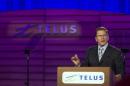 Darren Entwistle, president and CEO of Telus Corporation speaks at the company's AGM in Montreal
