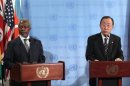 U.N.-Arab League special envoy Annan and U.N. Secretary-General Ban speak with the media after Security Council consultations at U.N. headquarters in New York