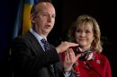National Governors Association Chairman Gov. Jack Markell of Delaware, left, with Vice Chariman Gov. Mary Fallin of Oklahoma speaks during a news conference at the NGA Winter Meeting in Washington, Saturday, Feb. 23, 2013. The nation's governors say their states are threatened if the automatic, across-the-board budget cuts known as the sequester take effect March 1. (AP Photo/Manuel Balce Ceneta)