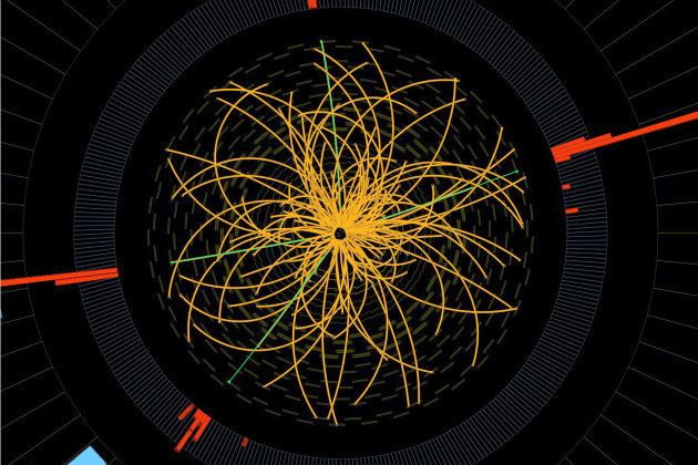 FILE - This 2011 image provide by CERN, shows a real CMS proton-proton collision in which four high energy electrons (green lines and red towers) are observed in a 2011 event. The event shows characteristics expected from the decay of a Higgs boson but is also consistent with background Standard Model physics processes. Physicists in Italy said Wednesday, March 6, 2013 they are closer to concluding that what they found last year was the elusive 