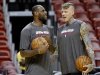 Miami Heat's LeBron James, left, talks with Chris Andersen, right, during NBA basketball practice, Wednesday, June 5, 2013 in Miami. The Heat play the San Antonio Spurs in Game 1 of the NBA Finals on Thursday. (AP Photo/Lynne Sladky)