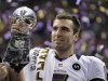 Baltimore Ravens quarterback Joe Flacco (5) holds the Vince Lombardi Trophy after defeating the San Francisco 49ers 34-31 in the NFL Super Bowl XLVII football game, Sunday, Feb. 3, 2013, in New Orleans. (AP Photo/Matt Slocum)
