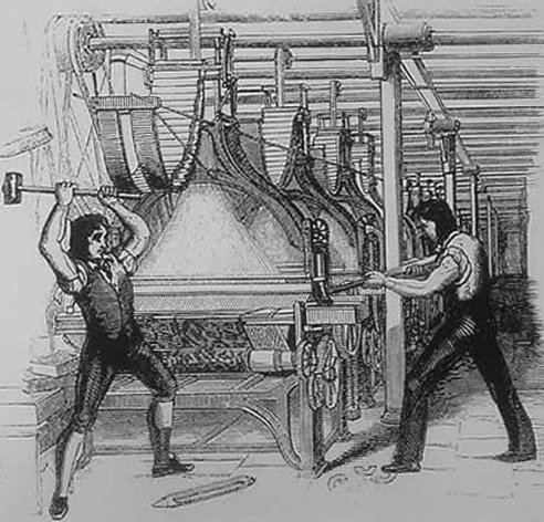<p>               This publicly distributed illustration from 1812 shows frame-breakers, or Luddites, smashing a loom. The Luddites were British textile artisans who 200 years ago smashed the mechanized looms they thought threatened their jobs. Machine-breaking was criminalized by the Parliament of the United Kingdom as early as 1721, but the Frame-Breaking Act 1812 made the death penalty available.  (AP Photo)