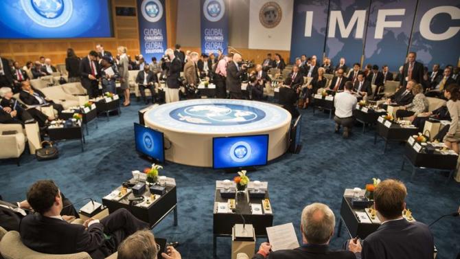 A general view shows the IMFC before their meeting at the World Bank/IMF annual meetings in Washington