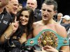 Britain's Froch celebrates with wife Rachael after defeating Germany's Abraham in their WBC super middleweights title bout at boxing event of Super Six World Boxing Classic in Helsinki