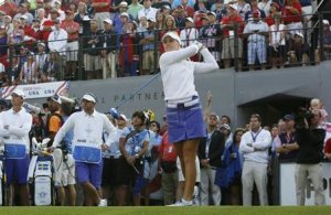 Anna Nordqvist hits off the first tee during Solheim Cup at Colorado Golf Club in Parker