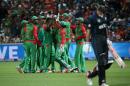 Bangladesh players celebrate following the dismissal of New Zealand's Grant Elliot (R) during the Cricket World Cup Pool A at Seddon Park in Hamilton on March 13, 2015