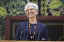 International Monetary Fund Managing Director Christine Lagarde smiles while speaking at the National Assembly in Dakar