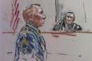 Army Staff Sergeant Robert Bales and the judge Army Colonel Jeffery Nance are shown in this courtroom sketch during a pre-sentencing hearing in Tacoma Washington
