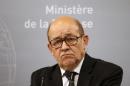 French Defence Minister Jean-Yves Le Drian reacts during a news conference at the French Defence Ministry in Paris