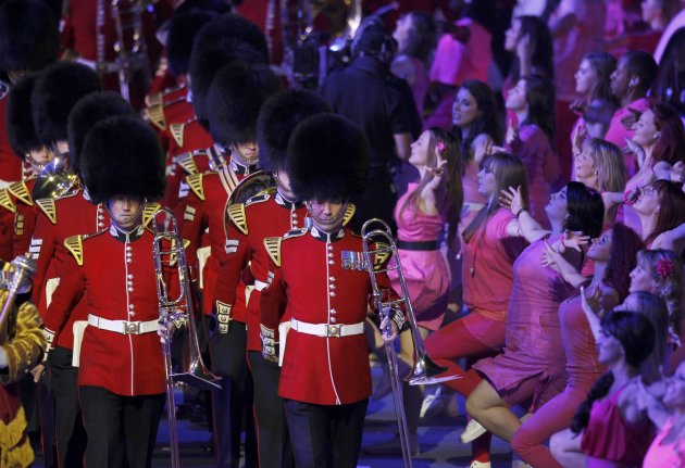 British Palace Guards and performers take part in the closing ceremony of the London 2012 Olympic Games