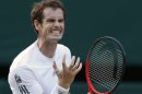 Andy Murray of Britain reacts during a Men's singles quarterfinal match against Fernando Verdasco of Spain at the All England Lawn Tennis Championships in Wimbledon, London, Wednesday, July 3, 2013. (AP Photo/Jonathan Brady)