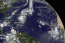 Tropical storm Humberto and the remnants of tropical storm Gabrielle near the Bahamas are shown in NOAA's GOES-East satellite image