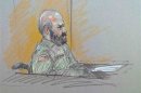 Courtroom sketch of Major Nidal Malik Hasan on the opening day of his trial in Fort Hood