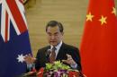 Chinese Foreign Minister Wang Yi speaks at a joint news conference with Australian Foreign Minister Julie Bishop at the Ministry of Foreign Affairs in Beijing