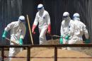 Workers from the Liberian Red Cross at ELWA 2 Ebola management center in Monrovia on October 23, 2014 shovel sand which will be used to absorb fluids emitted from the bodies of Ebola victims