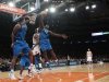 Dallas Mavericks' Elton Brand (42) blocks a shot by New York Knicks' Ronnie Brewer during the first half of an NBA basketball game Friday, Nov. 9, 2012, in New York.  (AP Photo/Frank Franklin II)