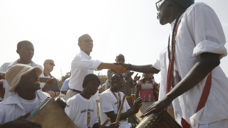 U.S. President Barack Obama meets with African drummers on Goree Island near Dakar