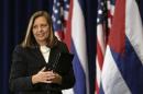 The head of the Cuban delegation, Josefina Vidal, appears at a news conference in Washington