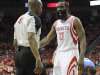 Houston Rockets' James Harden has words with referee Tom Washington in the second quarter of Game 6 in a first-round NBA basketball playoff series against the Oklahoma City Thunder, Friday, May 3, 2013, in Houston. (AP Photo/Pat Sullivan)