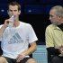 Murray of Britain practices speaks with his coach Lendl during a practice session ahead of the ATP tennis finals at the O2 Arena in London