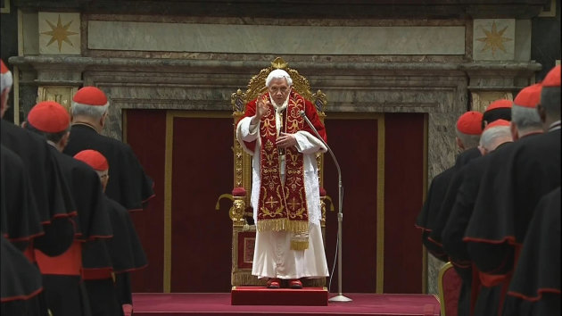 In this image taken from video as Pope Benedict XVI deliveres his final greetings to the assembly of cardinals at the Vatican Thursday Feb. 28, 2013, before he retires in just a few hours. Benedict urged the cardinals to work in unity and promised his "unconditional reverence and obedience" to his successor in his final words to his cardinals Thursday in a poignant and powerful farewell before he becomes the first pope in 600 years to resign. (AP Photo/Vatican TV)