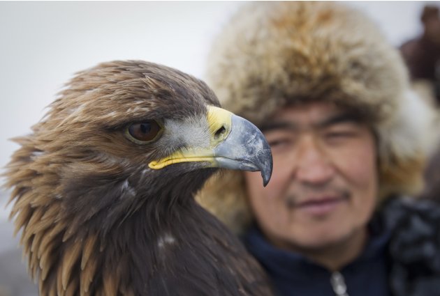 A hunter looks at his tame golden eagle during an annual hunting competition outside Almaty