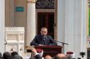 Turkish President Tayyip Erdogan speaks during a dedication ceremony for an Islamic mosque in Lanham, Maryland