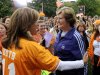 Hoda Kotb, left, the co-host of the fourth hour of NBC’s "Today" show, greets Lady Vol coach emeritus Pat Summitt during a broadcast from the University of Tennessee Monday, Oct. 1, 2012, in Knoxville, Tenn. UT won an online contest sponsored by “Today” to bring Kotb and co-host Kathie Lee Gifford to town with their show. (AP Photo/Knoxville News Sentinel, Michael Patrick)
