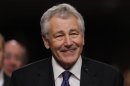Former U.S. Senator Hagel testifies during Senate Armed Services Committee hearing on his nomination to be Defense Secretary, on Capitol Hill in Washington