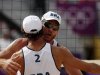 Brazil's Emanuel Rego and Alison Cerutti celebrate a point against Germany's Jonathan Erdmann and Kay Matysik during their men's round of 16 beach volleyball match at Horse Guards Parade during the London 2012 Olympic Games