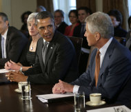 <p>               President Barack Obama welcomes his new Defense Secretary Chuck Hagel, right, as he speaks to members of the media at the start of a cabinet meeting in the Cabinet Room of the White House in Washington, Monday, March 4, 2013. From left are, Education Secretary Arne Duncan, Health and Human Services Secretary Kathleen Sebelius, Obama and Hagel. (AP Photo/Pablo Martinez Monsivais)