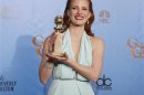Jessica Chastain, winner for Best Actress in a Motion Picture, Drama for "Zero Dark Thirty," poses with her award backstage at the 70th annual Golden Globe Awards in Beverly Hills