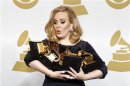 Singer Adele holds her six Grammy Awards in Los Angeles