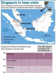 Graphic showing areas hit by haze from forest fires on Indonesia's Sumatra Island and Singapore's Pollutant Standards Index readings this week