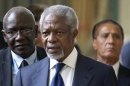 Kofi Annan, Joint Special Envoy of the United Nations and the Arab League for Syria, emerges from the Action Group on Syria meeting at the United Nations' Headquarters in Geneva